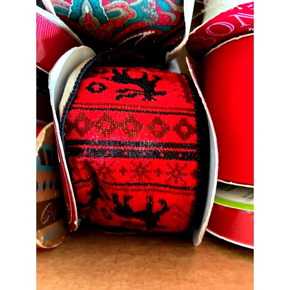 VTG 15 Christmas Holiday Gift Wrapping Ribbon Roll RED White velvet Satin Lot 15
